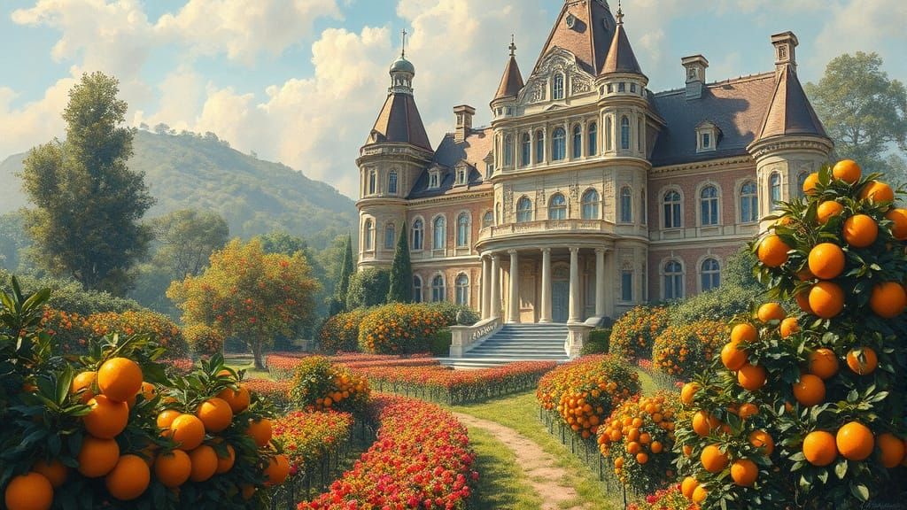Luxury Chateau and Orange Farm in Oil Painting Style