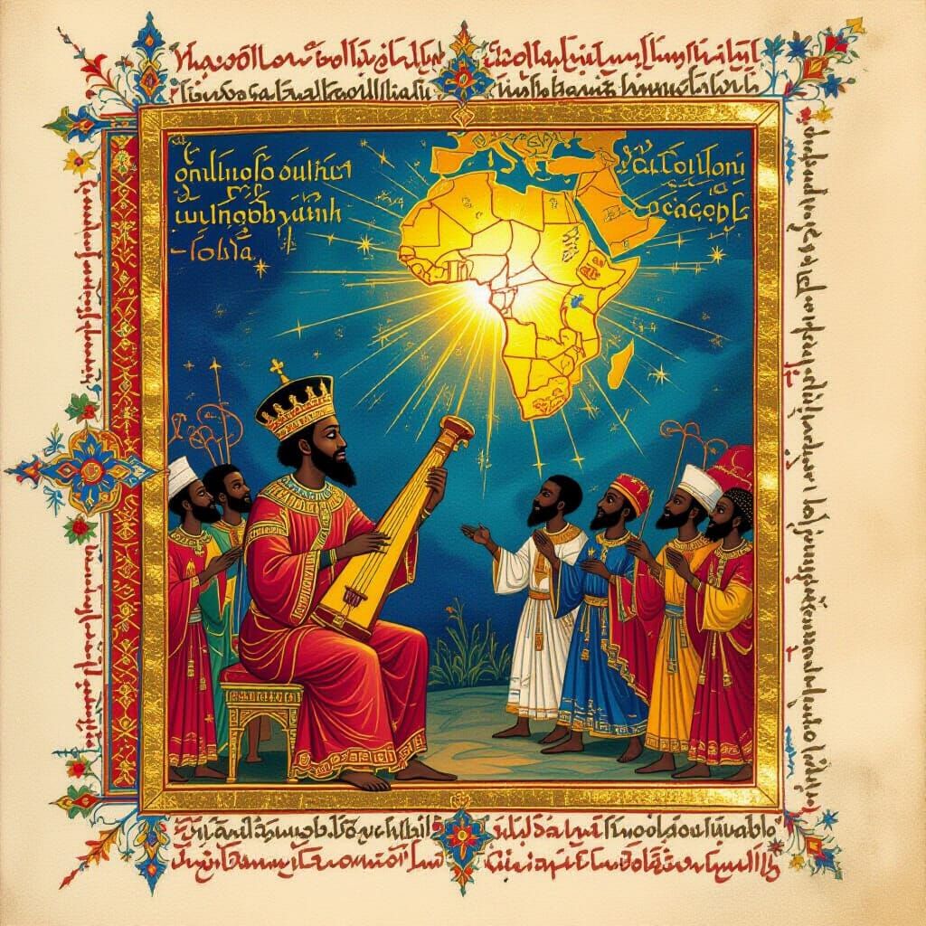 King David Harp Ethiopian Manuscript with Golden Map