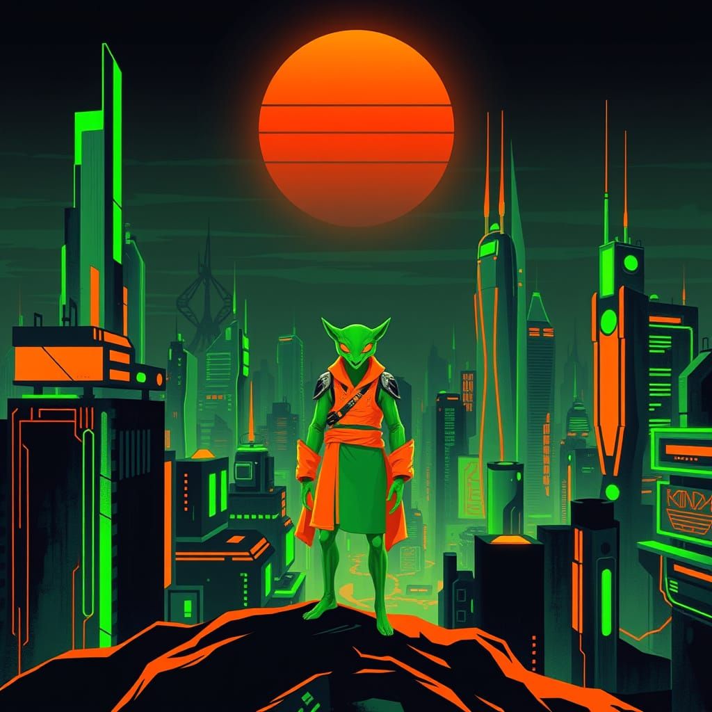 Neon Cityscape with Stylized Creature in Cyberpunk Aesthetic