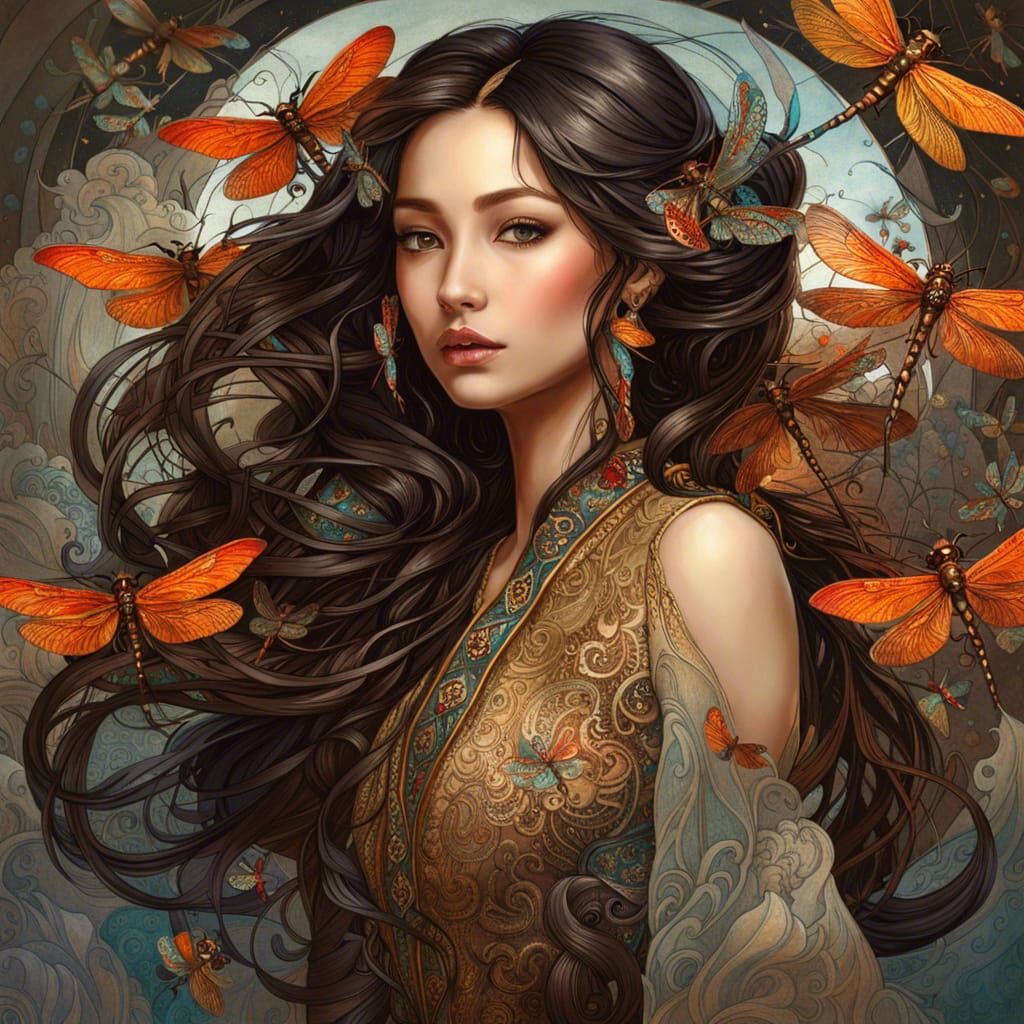 Asian Woman Portrait with Dragonflies, Fantasycore Art
