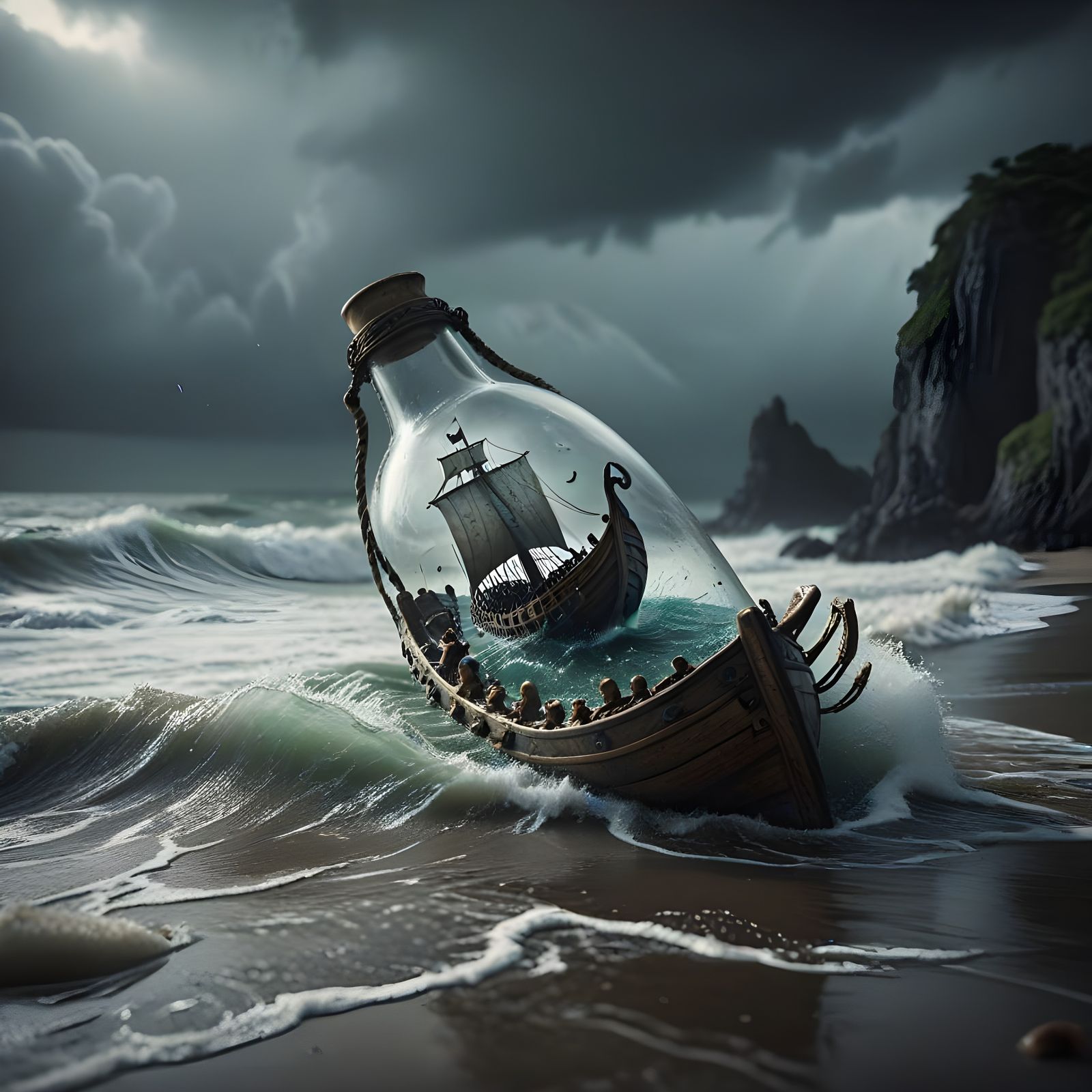 Viking Ship in a Bottle: Cinematic Still