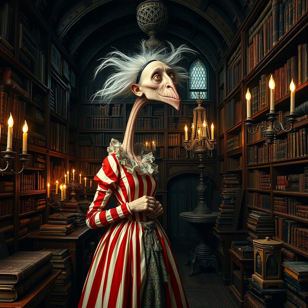 Whimsical Gothic Duchess in a Labyrinthine Library
