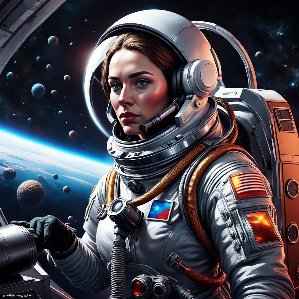 Russian cosmonaut girl cleans up space dust.