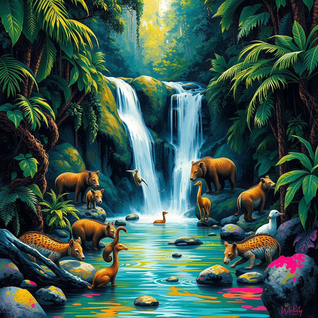 Jungle Waterfall Scene in Graffiti Art Style