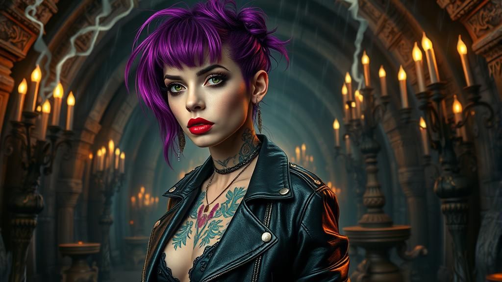 Punk Rock Woman in Gothic Vault, 3D Render