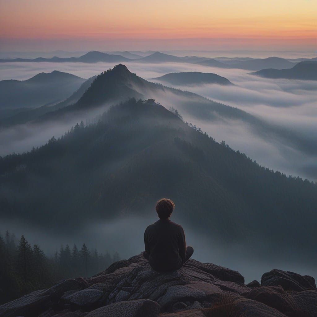Lost in Thought on a Foggy Mountain Peak