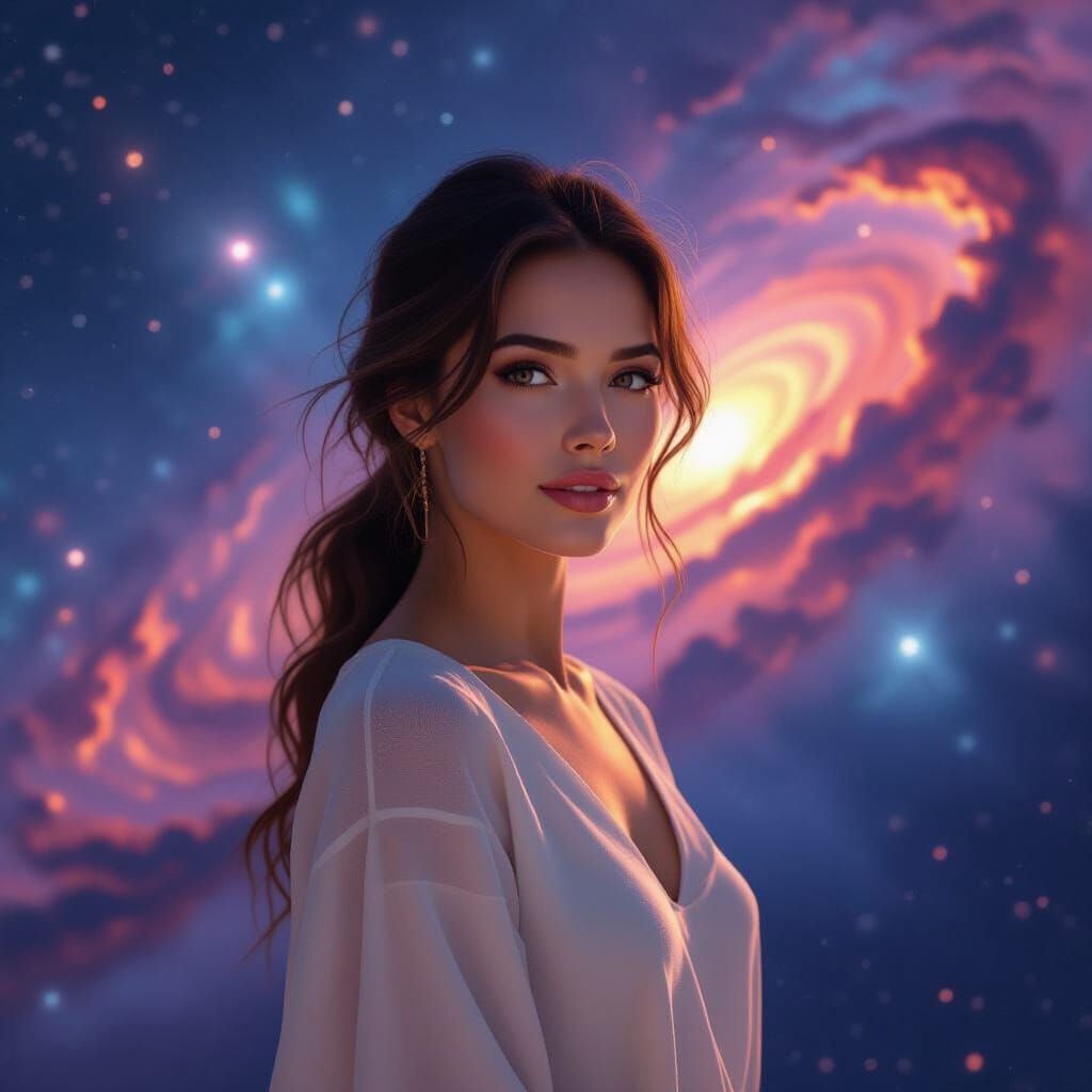 Serene Woman in Nebulae Galaxy with Intricate Details