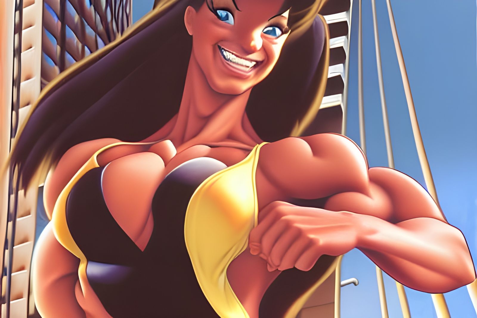 Female Bodybuilder Posing on Rooftop, Realistic Oil Painting