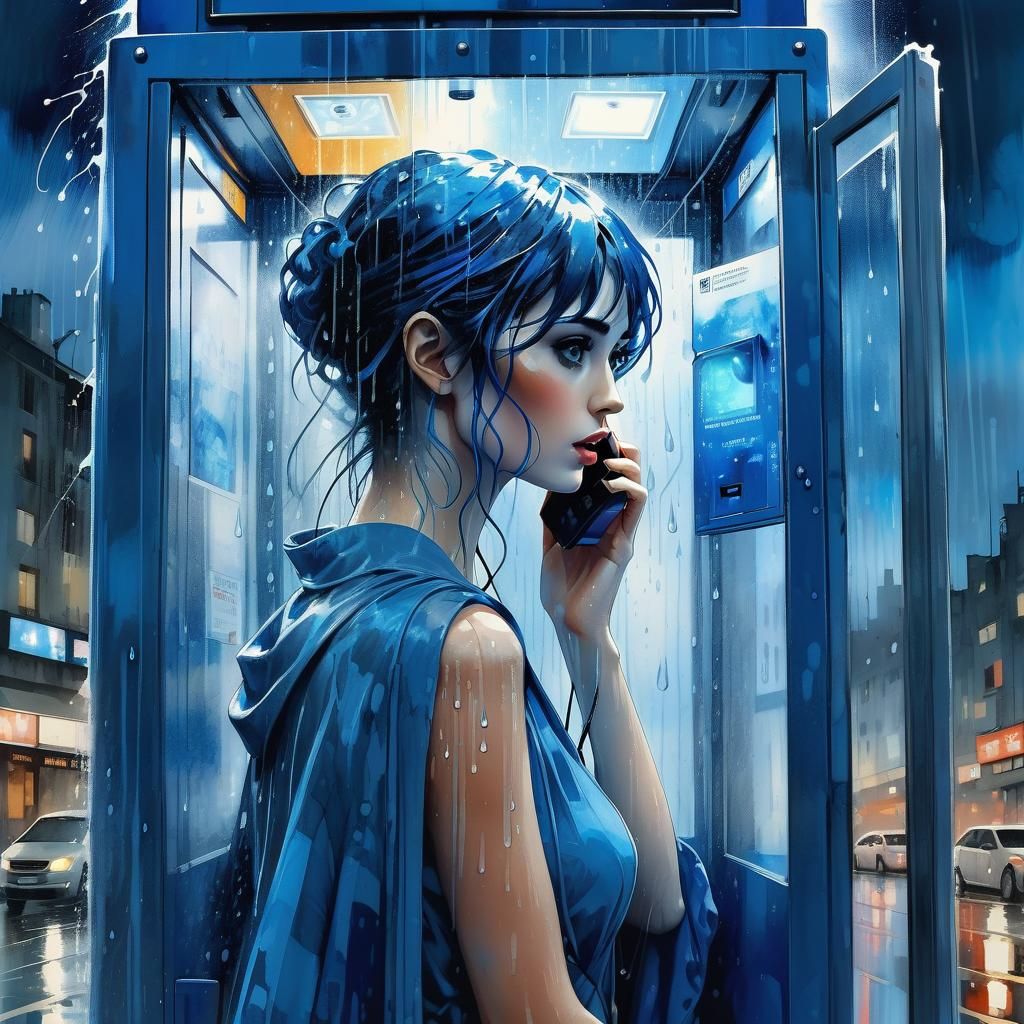 Anime Woman in Phone Booth, Alcohol Ink Art