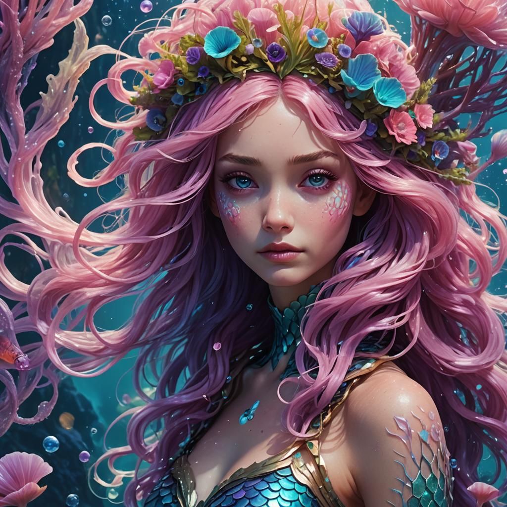 Mermaid with Anemone Hair, Digital Art