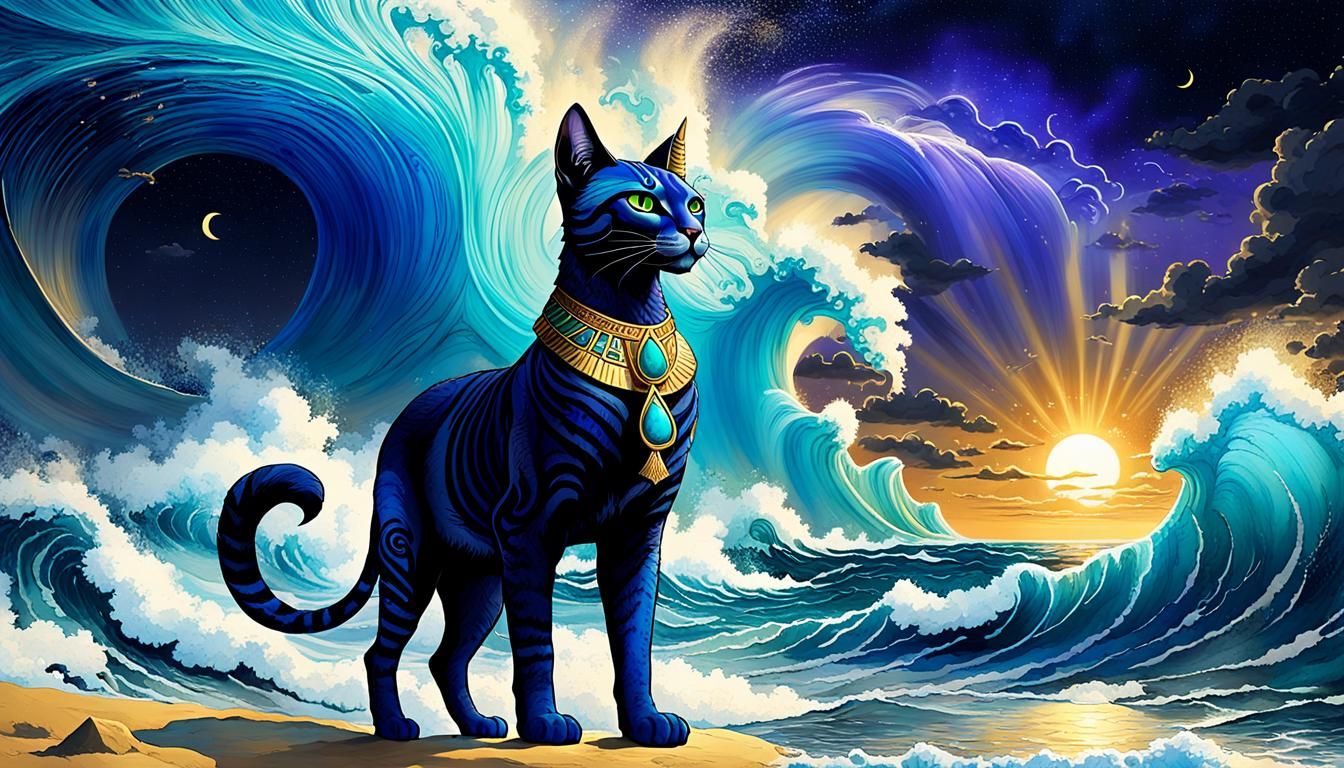 Majestic Egyptian Cat in Tempestuous Ocean