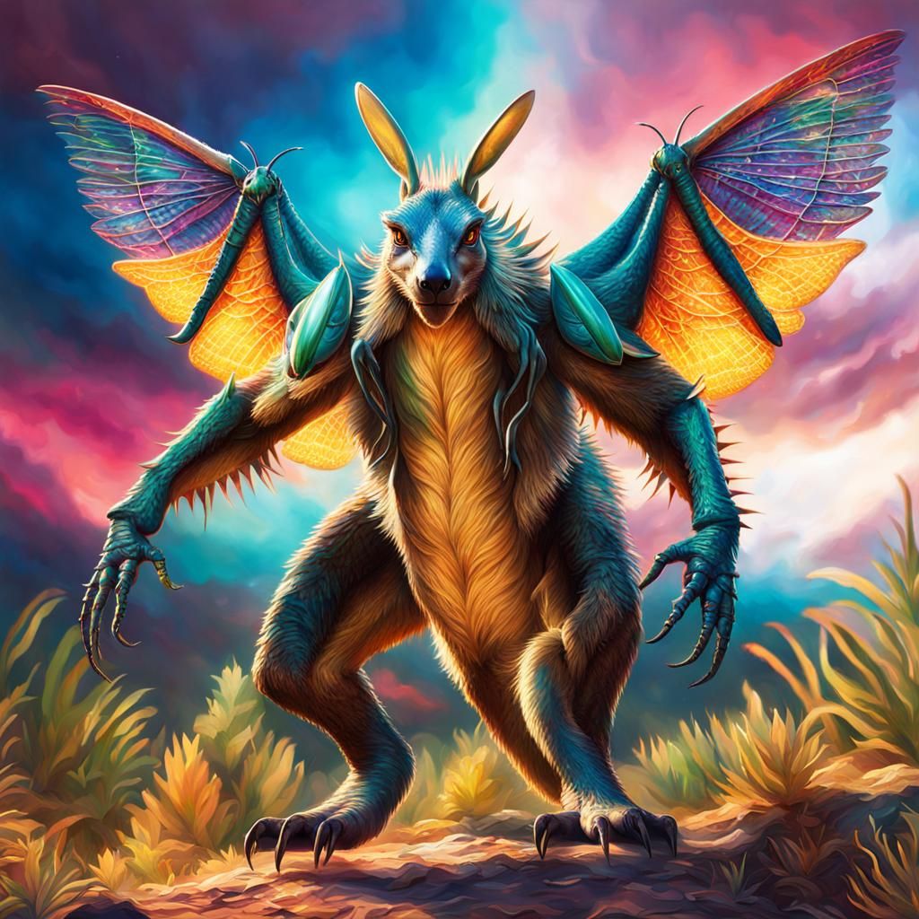 Kangaroo-Mantis Hybrid: A Hyperrealistic Splash Art