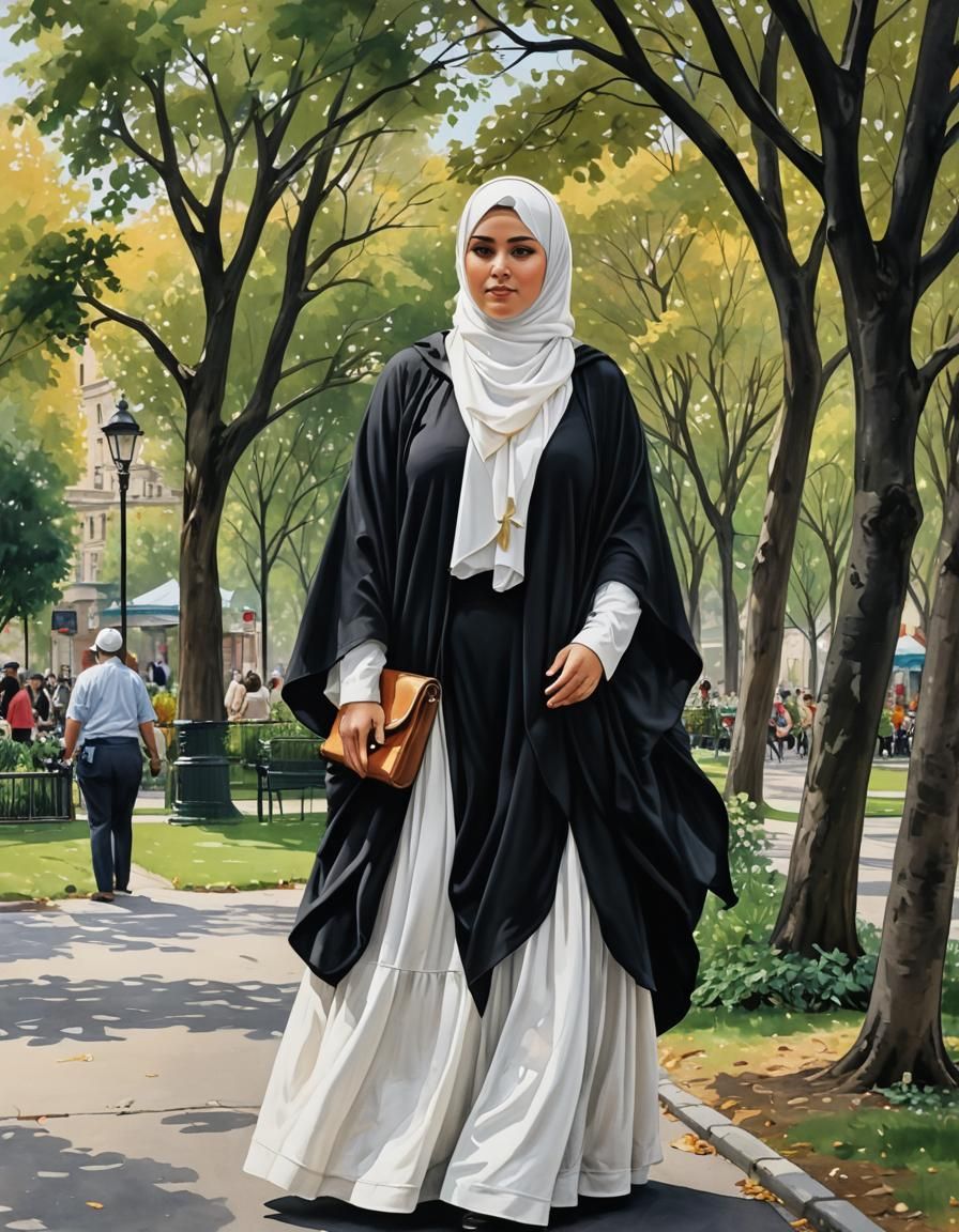 Confident Woman in Park: Detailed Oil and Gouache Painting