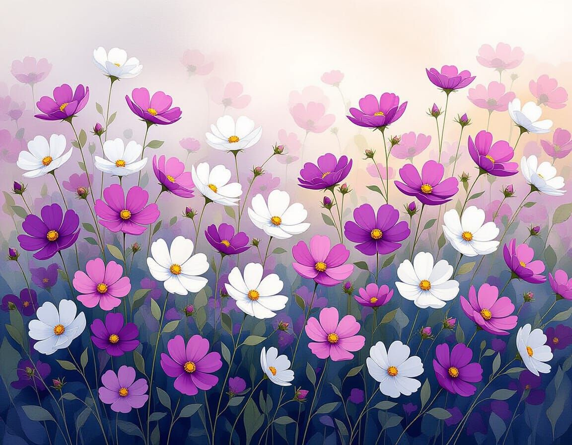 Aquarelle Painting of Purple and White Cosmos Bushes