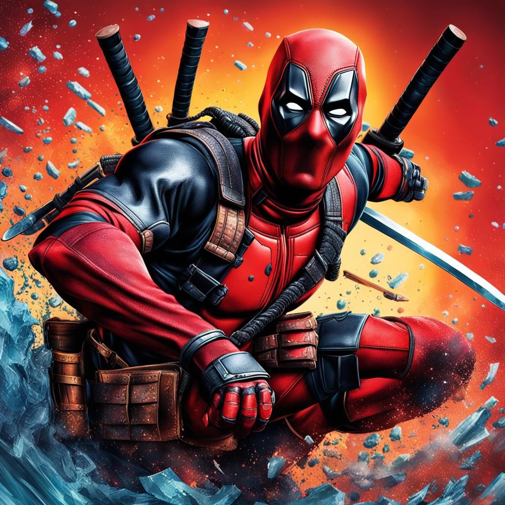Deadpool Wields a Ninja Sword in Hyperrealistic Splash Art