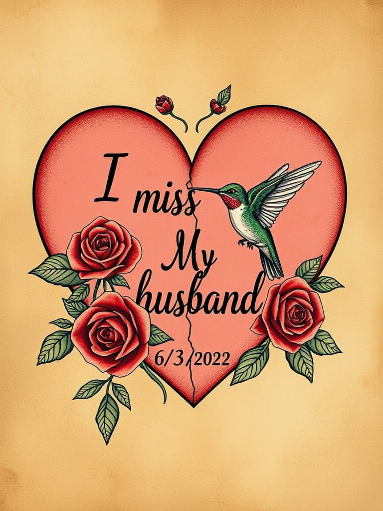 Vintage Broken Heart with Roses and Hummingbird