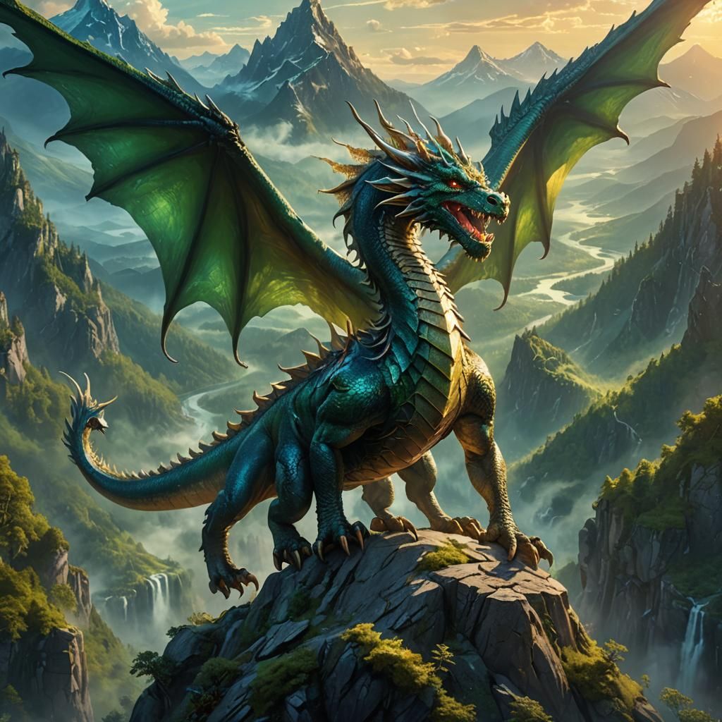 Magnificent Dragon on Mountain Peak: Fantasy Art
