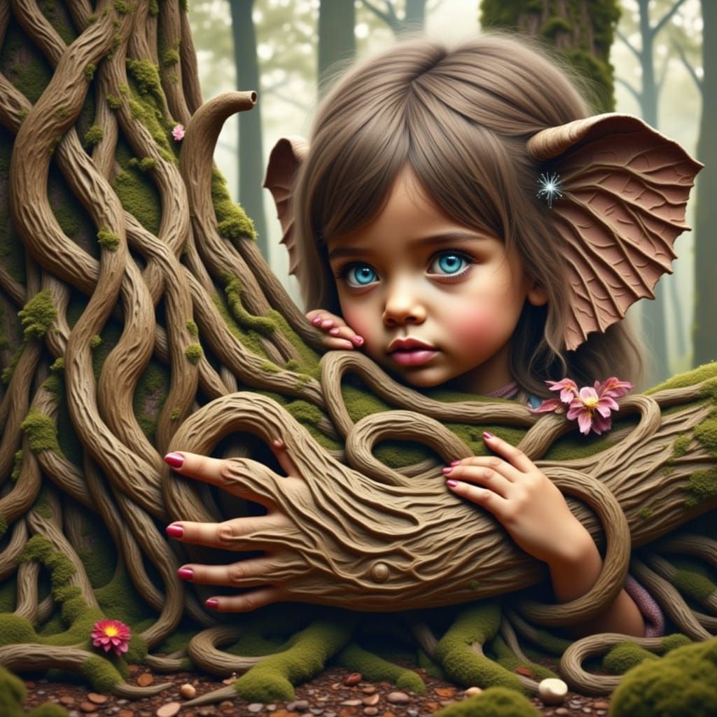 Surreal Child Hugs Ancient Tree-Elephant Hybrid