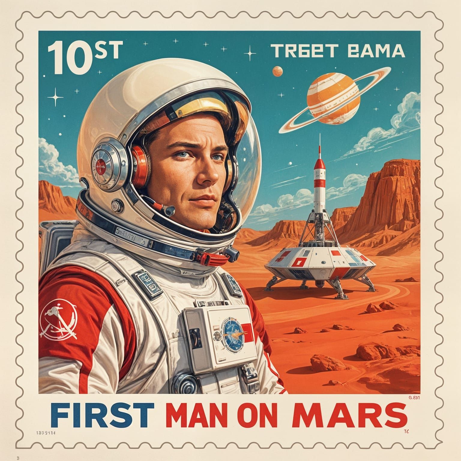 Retrofuturistic Stamp: First Cosmonaut on Mars