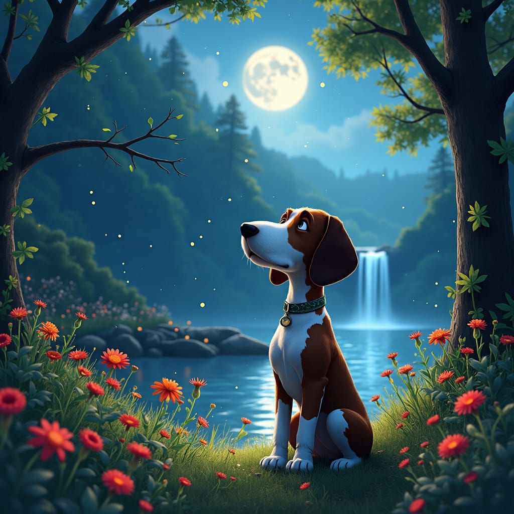 Snoopy as German Pointer in Moonlit Forest