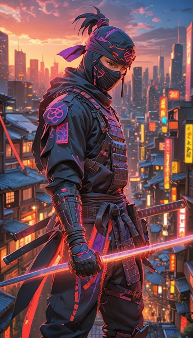 Anime Ninja in Neon Cityscape: 3D Concept Art