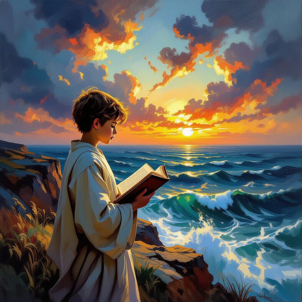 Boy with Prayer Book on Windswept Cliff Overlooking Turbulen...