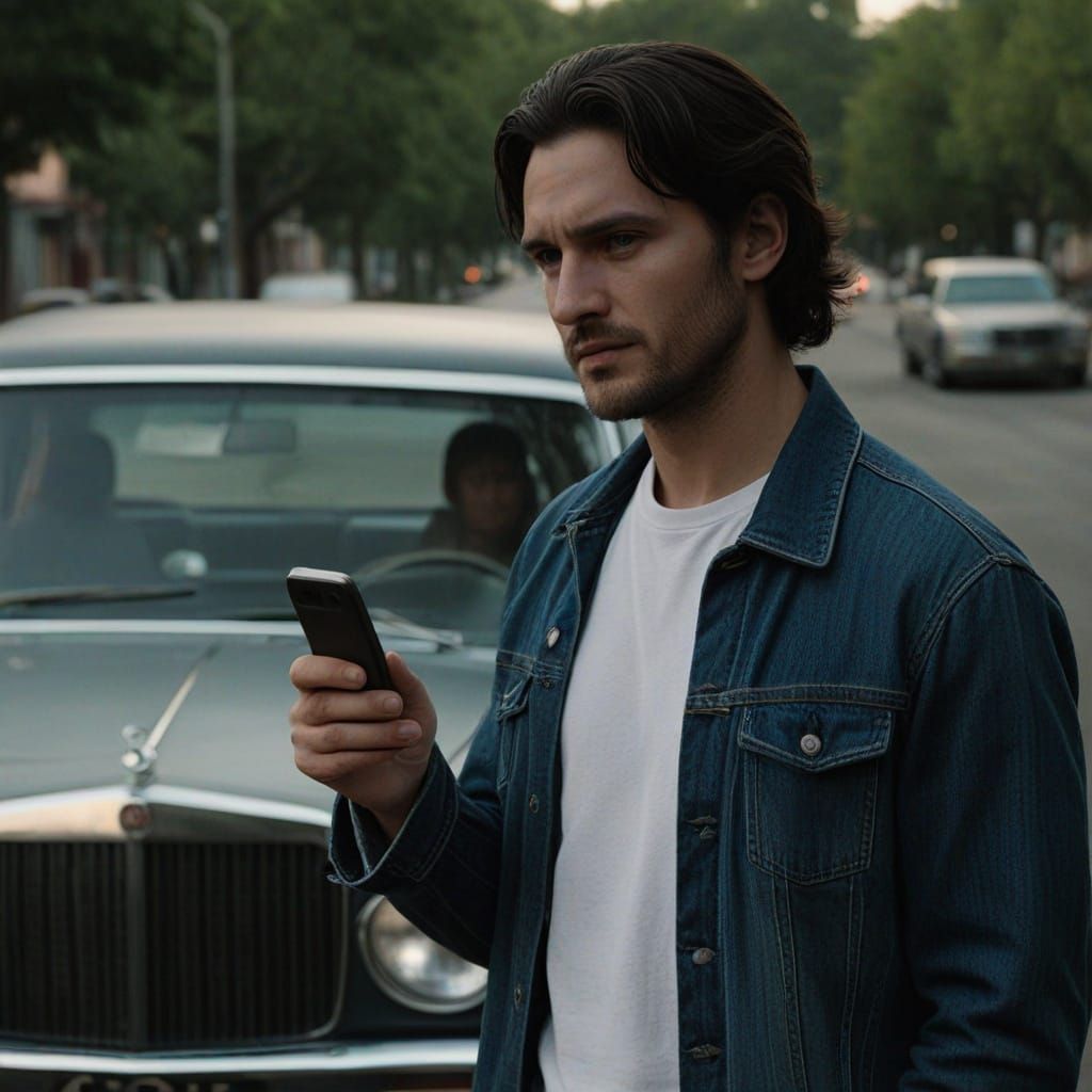 Young Man Stares Concerned Beside a Sleek Car in Moody Light...