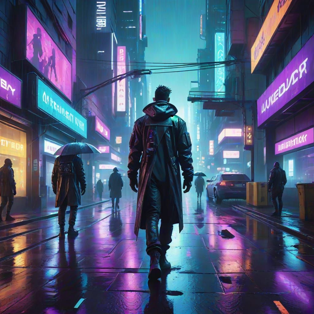 Cyberpunk Cityscape with Augmented Humans in Synthwave Style