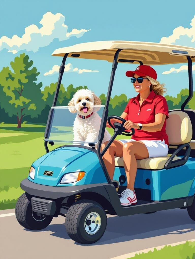 Woman and Dog Enjoying Golf Cart Ride