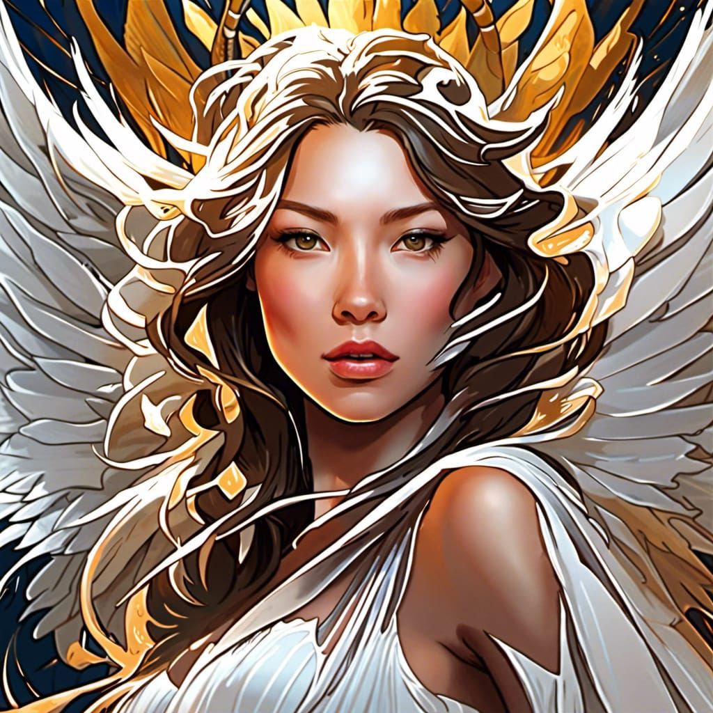 Belle Ange féminin asiatique réaliste avec des ailes blanche mythique fantastique cheveux ondulés