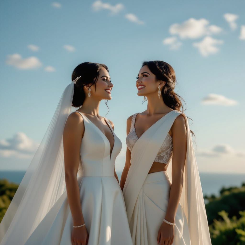 Brides Gaze Skyward in Cinematic Wedding Photo