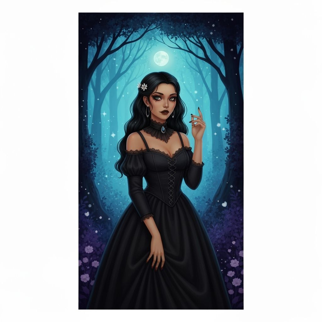 Goth Girl in Disney Princess Style, Moonlit Forest