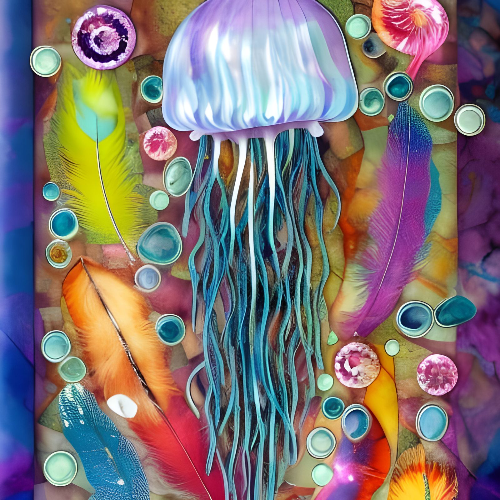 Jellyfish Art Collage with Watercolour and Fabric