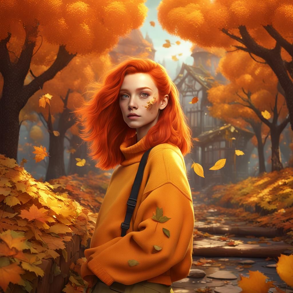 Autumn Girl in Orange Jumper, Fantasy Concept Art