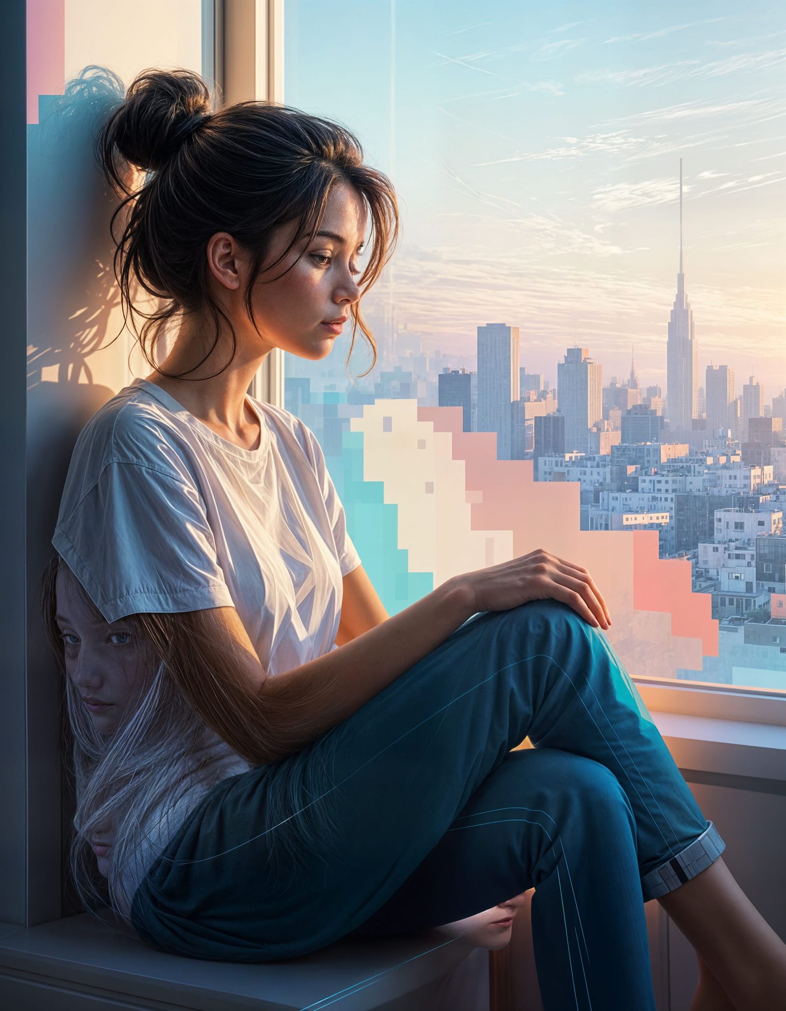 Glitch Portrait of Woman in Morning Light