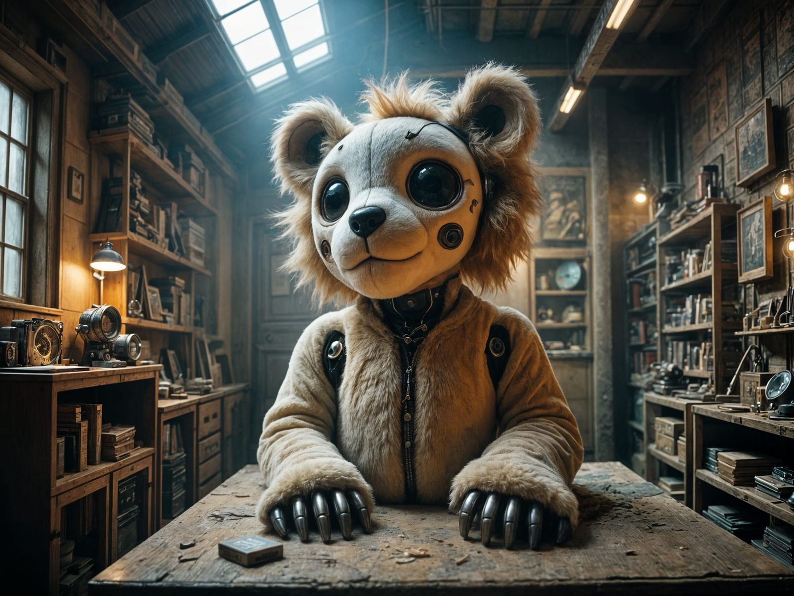 Vintage Plush Toy in Sci-Fi Warehouse