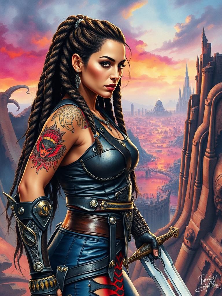 Latina Warrioress in Dystopian Cityscape, Heavy Metal Style