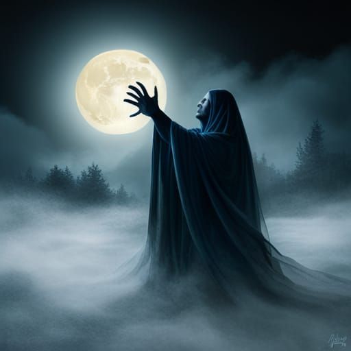 Ghostly Hands Reach From Mist Under Blue Moon