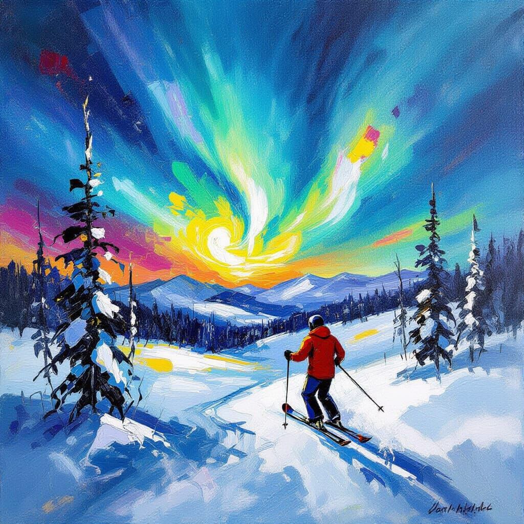 Aurora Landscape with Skier in Abstract Expressionism Style