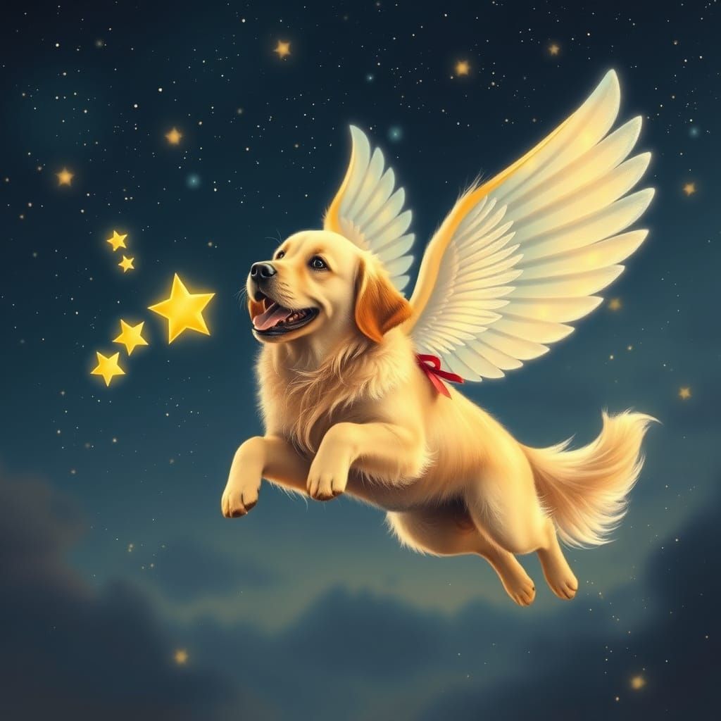 Magical Golden Retriever Soaring Through Starry Night