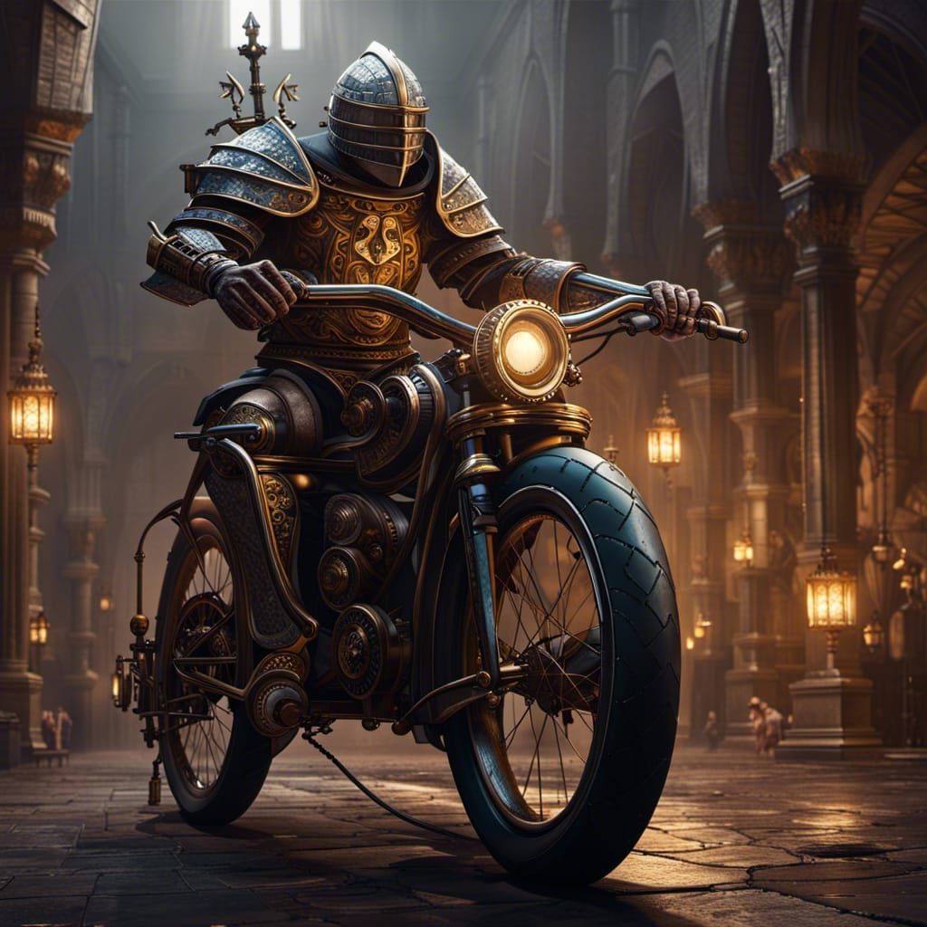 Clockwork Knight on E-Bike: Dark Fantasy Art