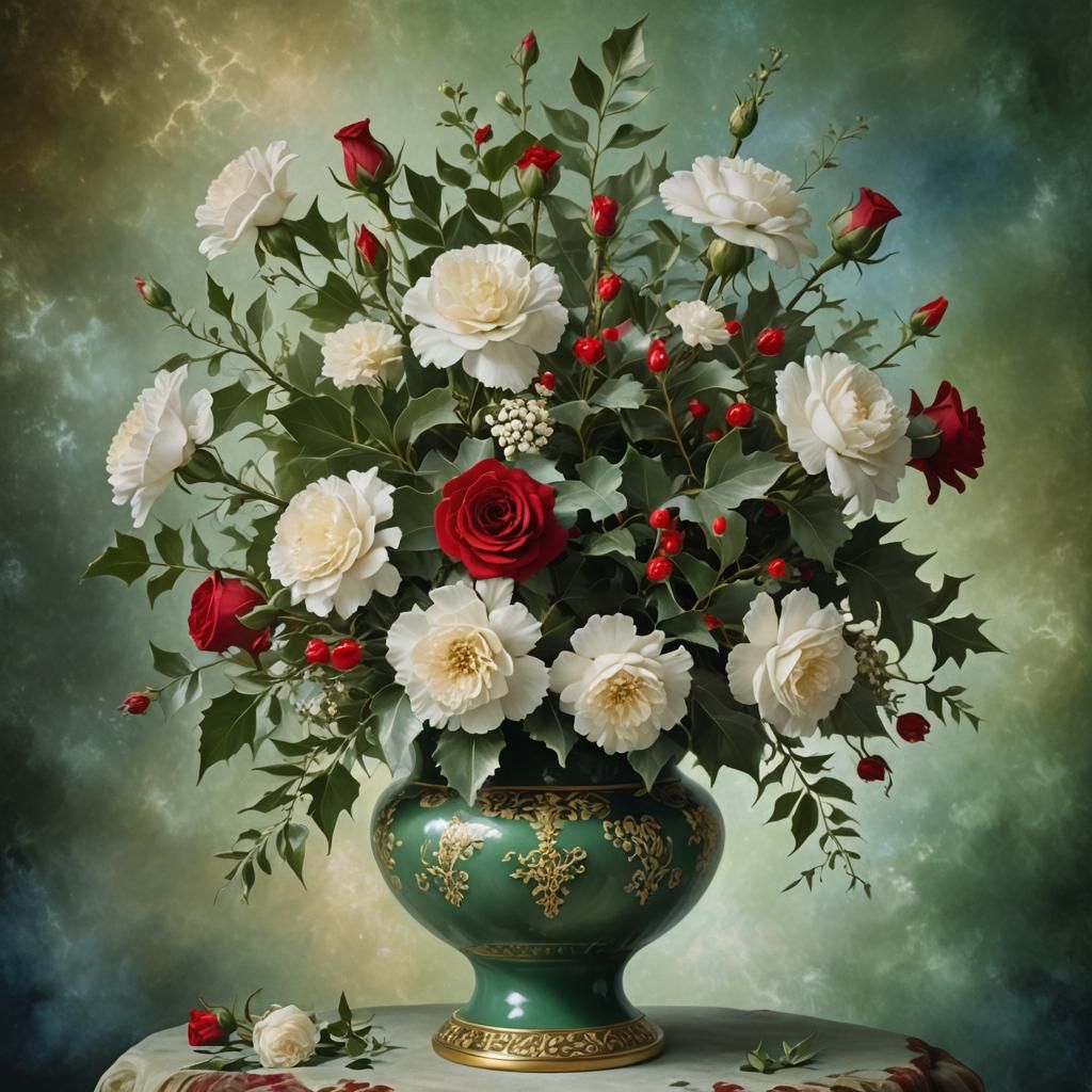 Baroque Still Life with Holly, Roses, and Carnations