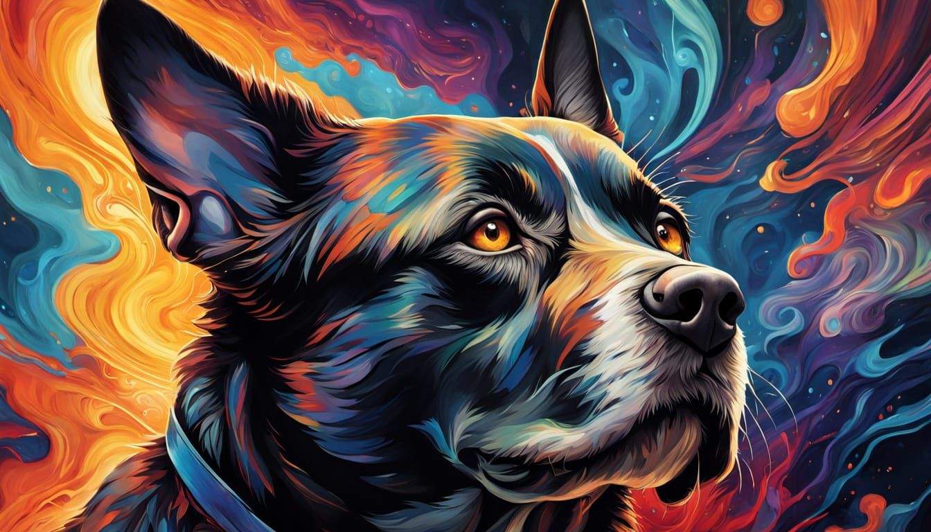 Woman and Dog in Abstract Gradient Space, Hyperrealistic Dig...