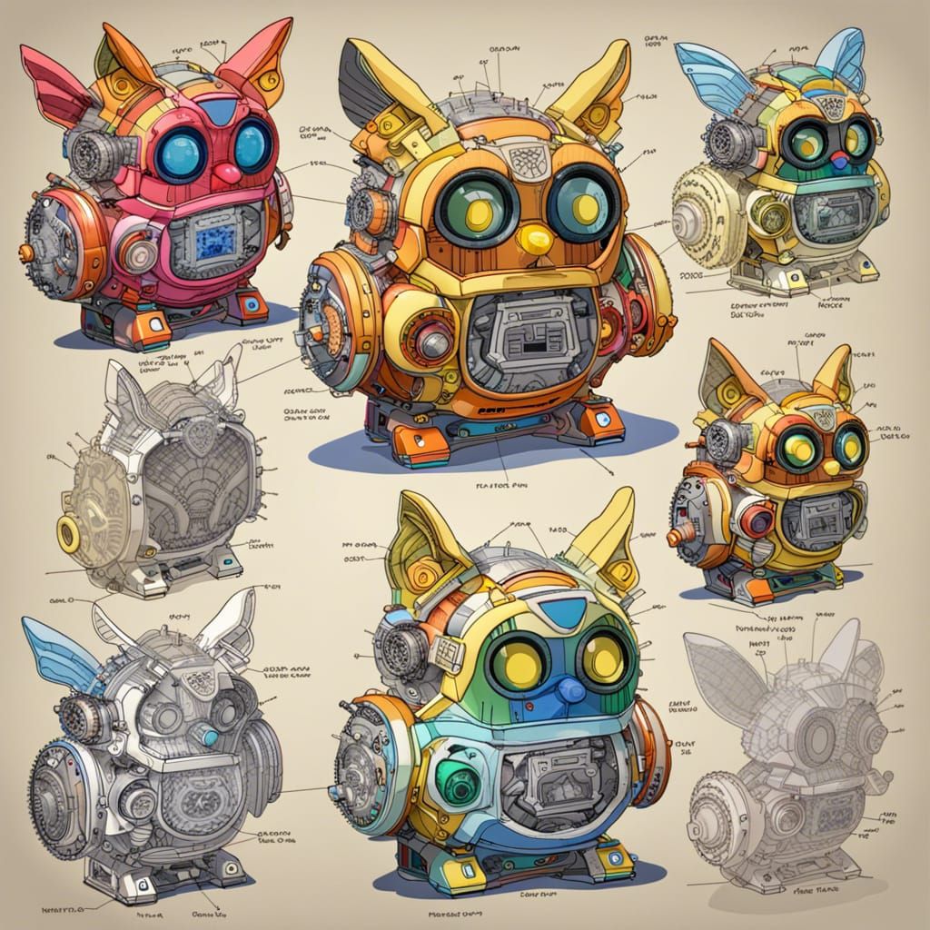 Biomechanical Furby: Technical Schematics in Vivid Color