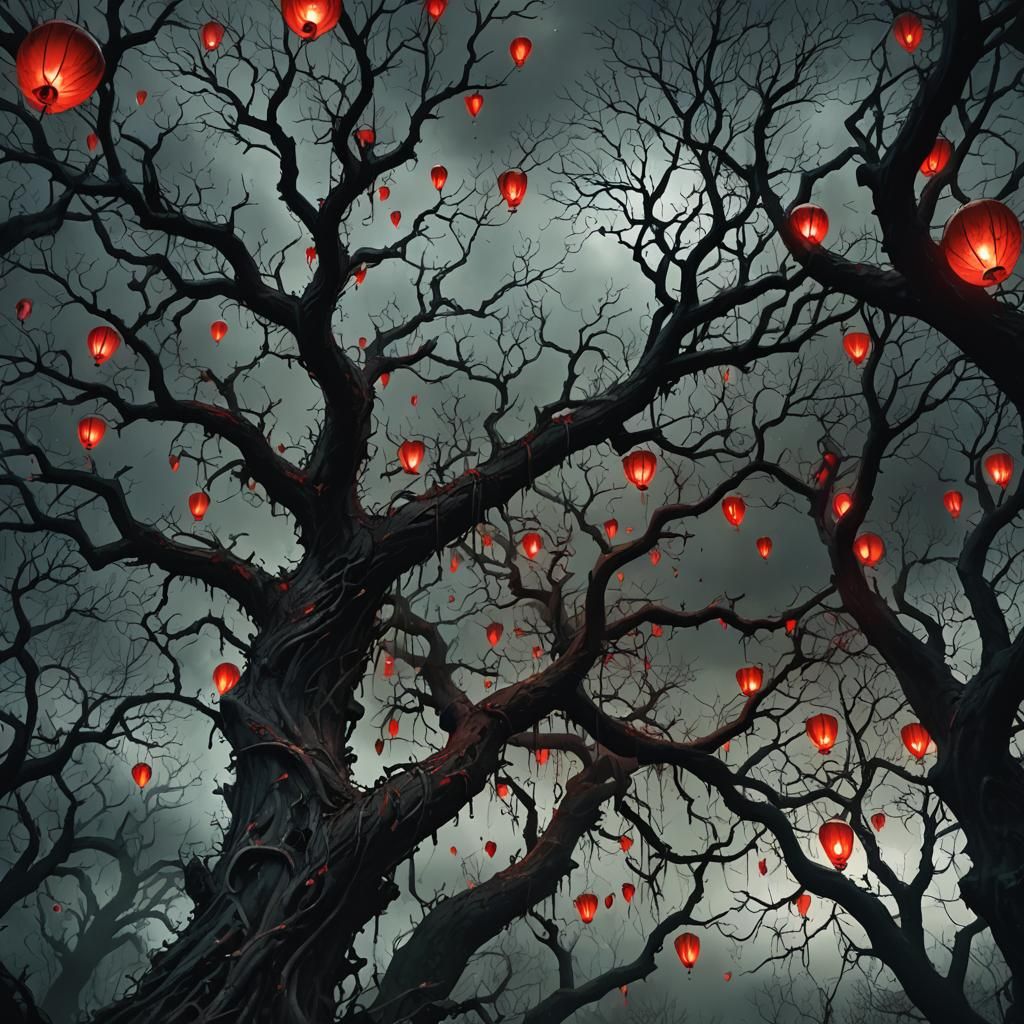 Blood Rain on Ancient Forest: Gothic Fantasy Art