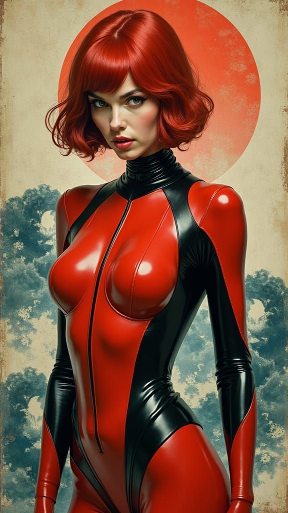 Woman in Latex Suit in Front of Battleship, Art Nouveau