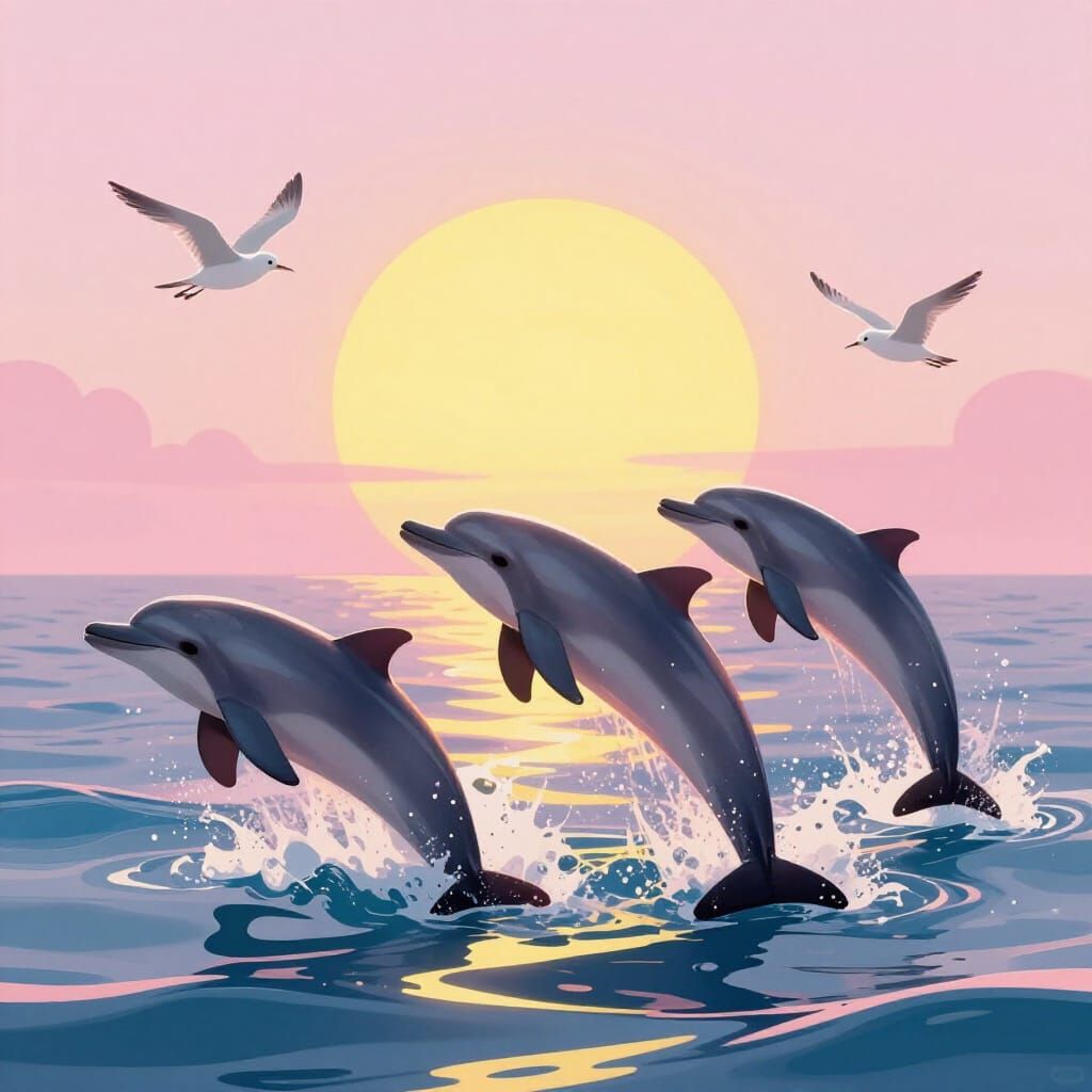 Dolphins Play in Pink Sky with Intense Yellow Sun