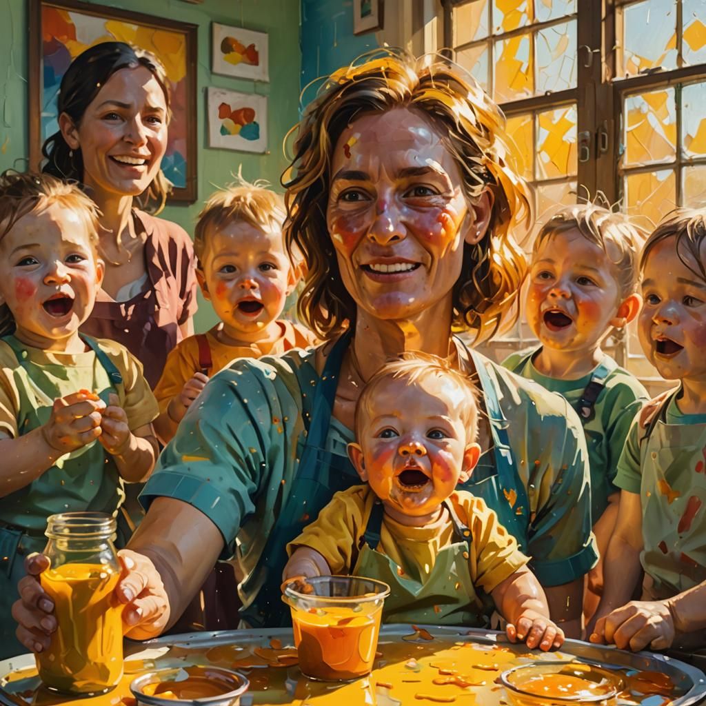 Daycare Teacher's Chaotic Morning: An Oil Painting