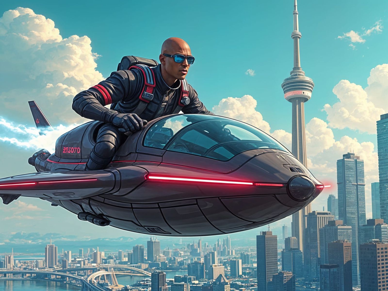 Black Man Drives Anime Futuristic Flying Car Over Toronto Ci...