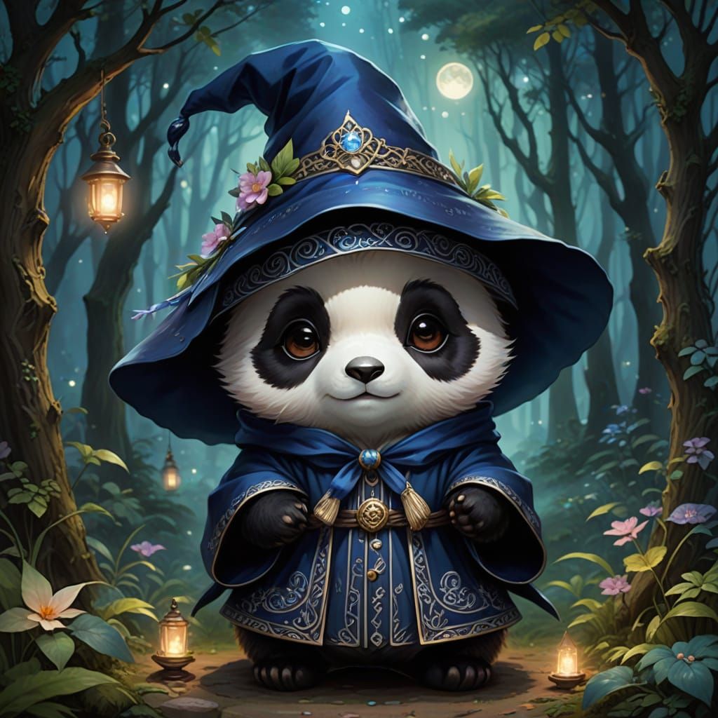 Whimsical Chibi Panda Wizard in Soft Pastel Hues